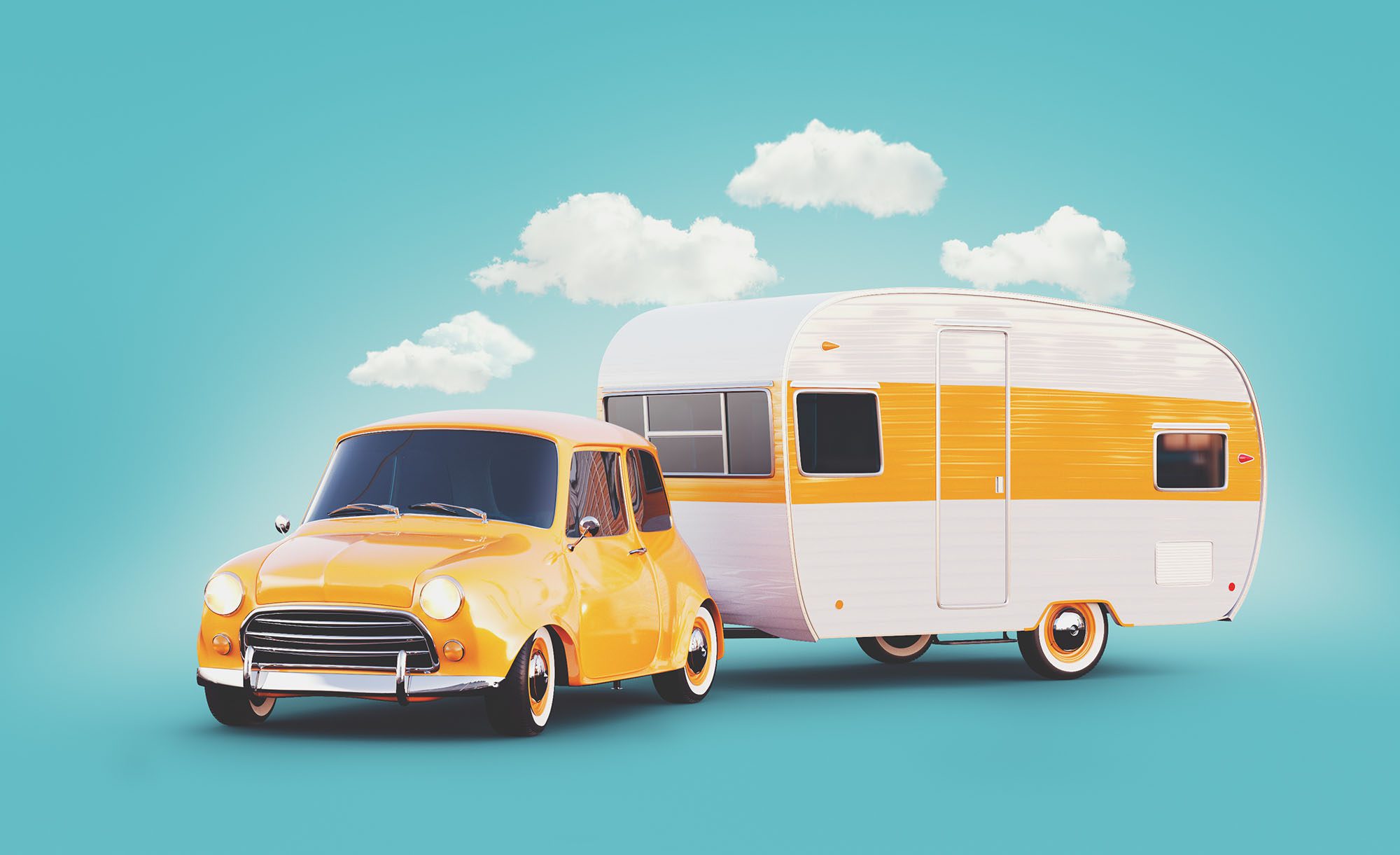 Retro car with white trailer. Unusual 3d illustration of a caravan. Camping and traveling concept